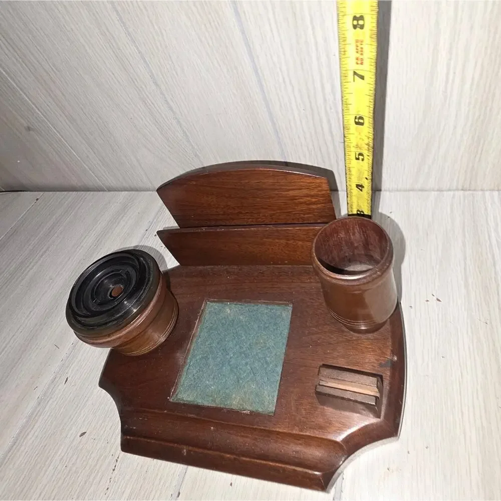 Vtg Antiqe 1920s? French Wooden French Desk Tidy Organizer Lided Ink Well Pen